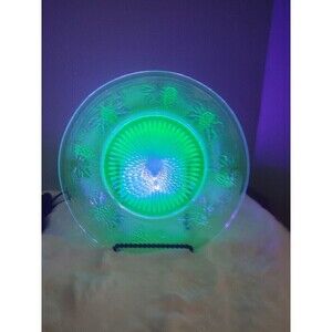 Westmoreland Green Vaseline Glass Grape & Leaf Woolworth Plate circa 1930-Glows!